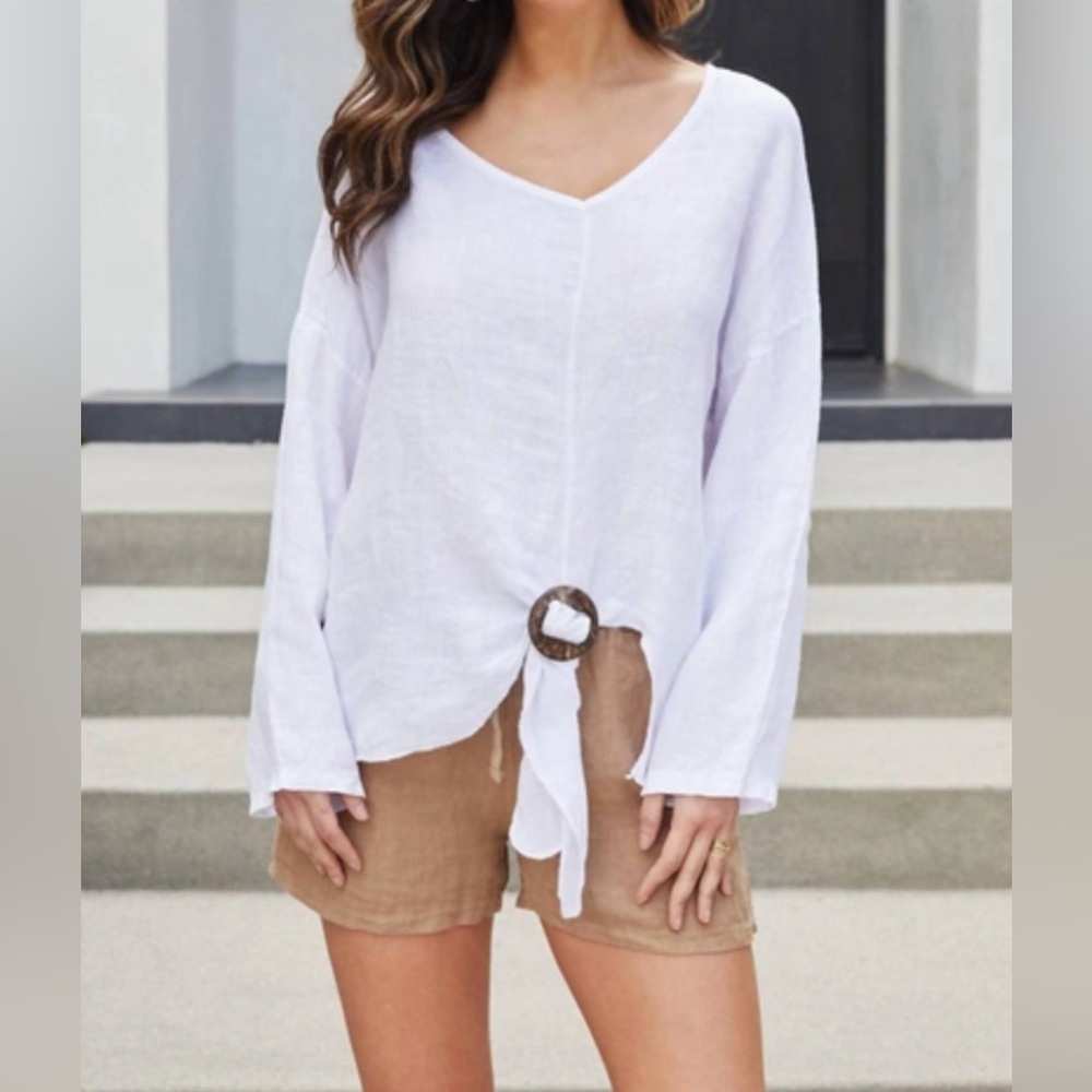 Milio Milano Made in Italy 100% Linen Top Womens L White Ring Clip Breezy Summer